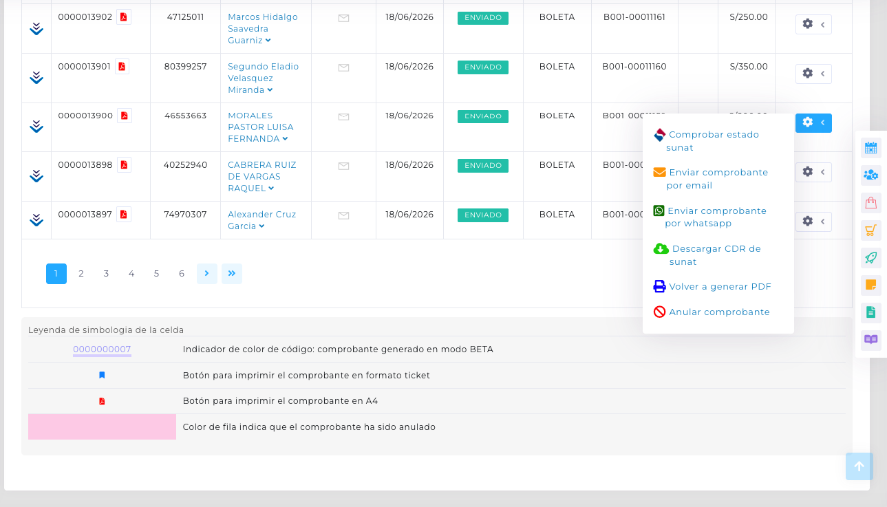 Acciones SUNAT por comprobante: comprobar estado, enviar por email o WhatsApp, descargar CDR y anular en Mezak