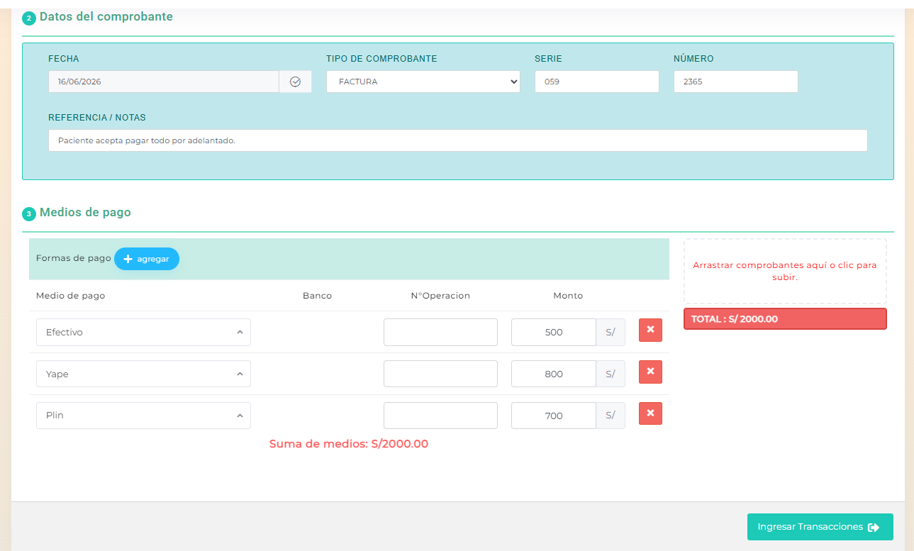 Registro de pago con medios de pago, cuotas y comprobante en Mezak